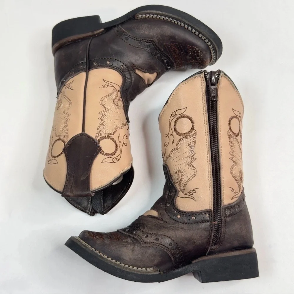 Kids White Diamonds Boots Square Toe Zipper Brown Beige Embroidered